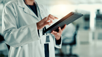 Poster - hands, person and scroll on tablet in lab for medical research, genes function and experiment. digit