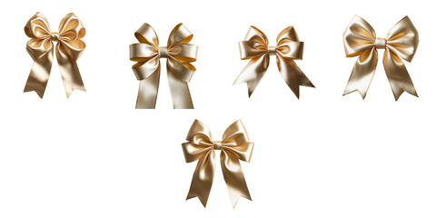variety of gold satin bow ribbons displayed isolated on transparent background in different shapes and sizes suitable for decoration and gift presentation use