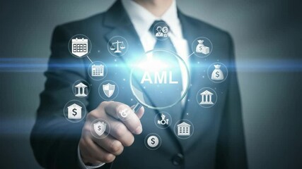 Poster - A man in a suit holding a magnifying glass with aml surrounded by financial icons on a dark background