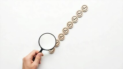 Poster - Hand holding magnifying glass over target with check marks in a row on a white background