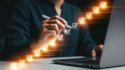 Aufkleber - A person completing a digital checklist on a laptop with a stylus and glowing checkmarks rising up