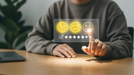 Poster - Person giving positive feedback with finger on digital interface with happy face and stars