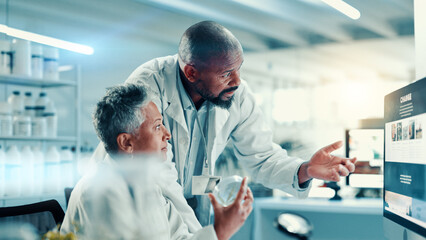 Aufkleber - Computer screen, medical and science with people in laboratory for online development or research. Healthcare, innovation and marijuana with scientist team at desk for biology or breakthrough