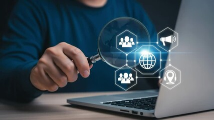 Poster - Person holding magnifying glass over laptop with digital network icons overlaying screen view