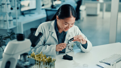Poster - Magnifying glass, leaf and science with woman in laboratory for gene function, biology and medical research. Gmo editing, pharmacy innovation and cell regeneration with person for growth and study