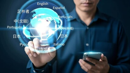 Poster - Person interacting with a digital globe displaying different languages on a dark blue background