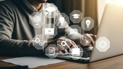 Poster - Person using laptop with education icons overlayed on screen for learning and development concept
