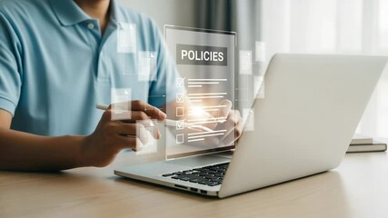 Poster - Man reviewing policies on laptop with digital pen and floating document icons in bright office