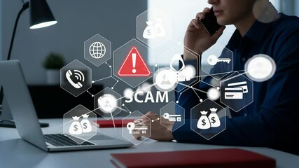 Poster - Man on phone with scam graphic overlay on desk with laptop and lamp in a dimly lit room setting