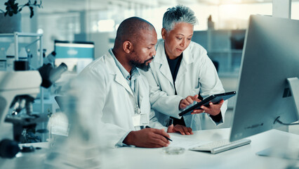 Poster - collaboration, scientists and team with tablet, lab or discussion for medical research for analysis.