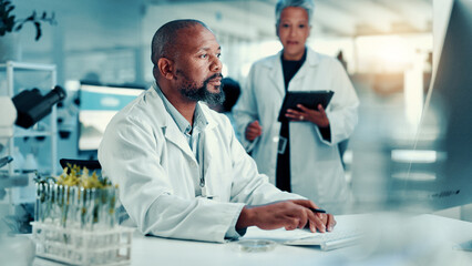 Aufkleber - Computer, healthcare and science with black man in laboratory for online development or research. Innovation, medical and typing with scientist at desk for breakthrough, clinical trial or experiment