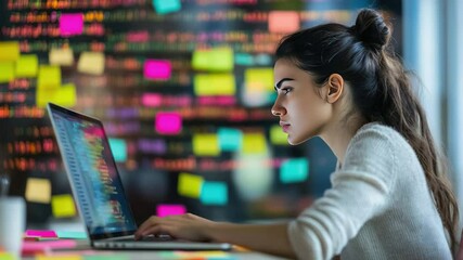 Poster - Focused Programmer: A diligent woman engrossed in coding, with a modern laptop displaying lines of intricate code, against a backdrop of colorful sticky notes.