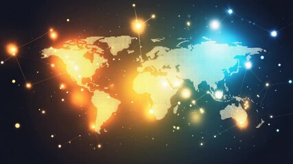 Poster - Global communication network with glowing nodes on a digital world map background