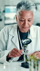 Aufkleber - Scientist, woman and plant with magnifying glass in laboratory for botany, medical research and smile. Mature doctor, biotechnology and examine sample for pharmaceutical study or sustainable career