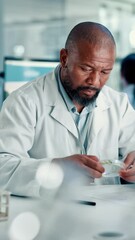 Aufkleber - Man, scientist or biologist with sample on computer at lab for exam, test results or research. Male person, science or biology with petri dish for medical study of natural plant or organism at clinic