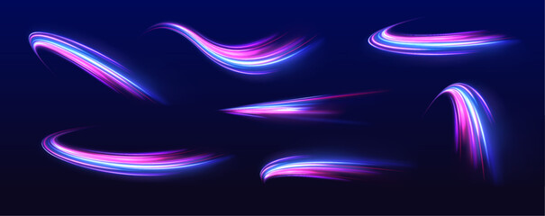 Aufkleber - Set of neon speed lines on transparent background. Vortex streams of neon light. Abstract vector fire circles, sparkling swirls and energy light spiral frames.	
