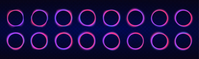 Aufkleber - Collection of round glowing neon lighting on dark background with copy space.  Abstract cosmic vibrant color circle border.  Radiant speed motion design.