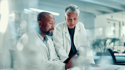 Poster - scientist, people and team on tablet in lab for medical research, experiment and botany. mature staf