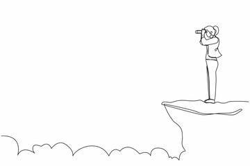 Poster - Single continuous line drawing businesswoman looking in binoculars standing on cliff. Business vision concept, leadership, achievement, target. Dynamic one line draw graphic design vector illustration