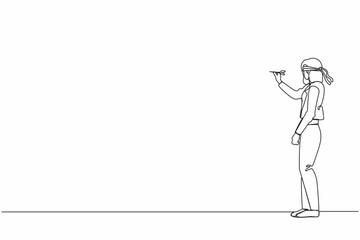 Poster - Single one line drawing confused businesswoman blindfold throwing dart. Unclear target or blind business vision, leadership failure or mistake aiming goal. Continuous line draw design graphic vector