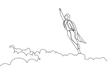 Poster - Single continuous line drawing super businesswoman flying up from cloud. Business leadership. Business finance success concept. Creative idea. Dynamic one line draw graphic design vector illustration