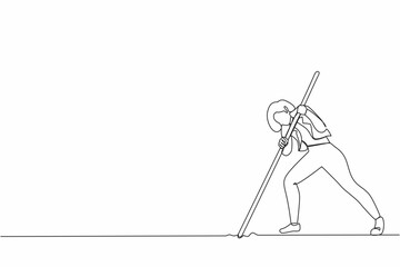 Poster - Continuous one line drawing cute businesswoman mark goal with arrow. Woman holding arrow, hits target on ground. Achieving goal. Focus marketing target strategy. Single line design vector illustration