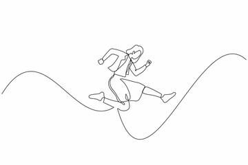Poster - Single continuous line drawing young worker female jumping to show her success. Businesswoman wearing blazer is jump from point to point on white background. One line draw design vector illustration