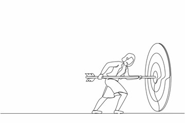 Poster - Single one line drawing businesswoman hold arrow in hand to target, achievement goal. Aim in business concept. Aspirational people. Mission achieved. Modern continuous line draw design graphic vector