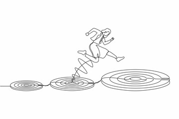 Poster - Single one line drawing businesswoman jumping on bigger target, successfully. Advancement in career or business growth concept. Aspiration and motivation. Continuous line draw design graphic vector