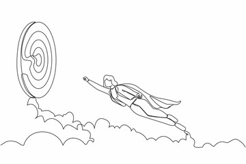 Poster - Single continuous line drawing superhero businesswoman in cloak flying up to target. Business success, leadership, professionalism, goal achievement. One line draw graphic design vector illustration
