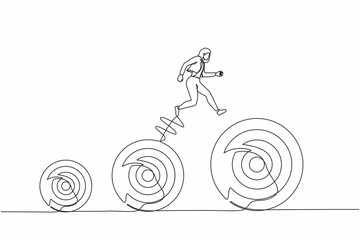 Poster - Single continuous line drawing businesswoman jumping up higher target career goals. The business next target. Planning and successful. Business metaphor. Dynamic one line draw graphic design vector