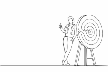 Poster - Continuous one line drawing happy businesswoman or manager is standing or leaning the target with thumbs up gesture. Arrow hit the target exactly. Single line draw design vector graphic illustration