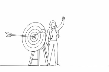 Poster - Single continuous line drawing active businesswoman fist pump her arrow directed into target. Target goal, focus and progress. Business archery, arrow hit focus. One line draw graphic design vector