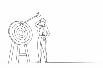 Poster - Continuous one line drawing young ambition businesswoman arrow missed at the target. Failed hit archery target. Business challenge failure metaphor. Single line draw design vector graphic illustration