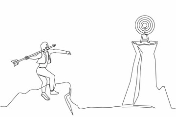 Poster - Single one line drawing businesswoman standing on peak of cliff targeting dartboard with big arrow. Businesswoman aiming target on cliff. Success business metaphor. Continuous line draw design vector