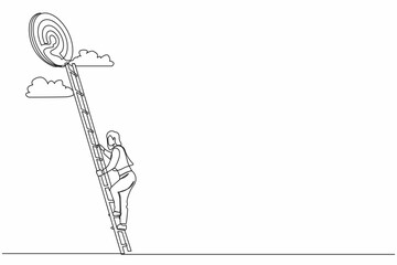 Poster - Continuous one line drawing stairs to goal. Cute businesswoman in blazer rises up stairs to top of target. Business concept. Achieving goal. Ladder sky. Strategy to aim. Single line draw design vector
