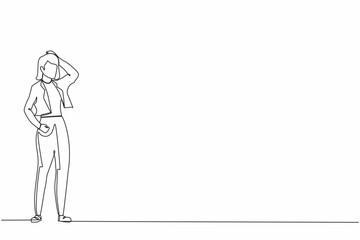 Poster - Single continuous line drawing cute businesswoman confused with hand on head for mistake, remember error. Forgot, bad memory. Headache pain or stress. One line draw graphic design vector illustration