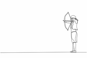 Poster - Single one line drawing blindfolded businesswoman shooting arrow. Missed the target. Businesswoman trying to shoot target with blindfold. Modern continuous line draw design graphic vector illustration