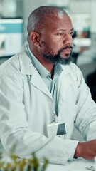 Poster - Plants, man and scientist in laboratory typing for project, discovery or research for medical innovation. Botany, technology and male biologist with leaves for pharmaceutical development on computer.