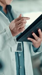 Aufkleber - Medical research, scientist and hands with tablet, lab and online for cure of illness or healthcare. Clinic, oncologist and person with tech for analysis, diagnosis and digital records for cancer