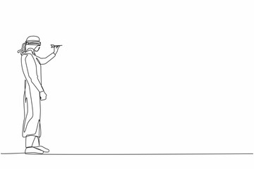 Poster - Single continuous line drawing confused Arabian businessman blindfold throwing dart. Unclear target or blind business vision, leadership failure or mistake aiming goal. One line graphic design vector