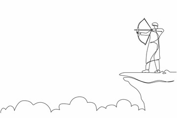 Poster - Continuous one line drawing Arabian businessman standing on cliff with archer in hand. Business target goal. Man focus to successful. Shooting target with bow and arrow. Single line draw design vector