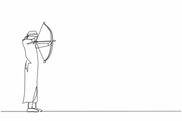 Poster - Single continuous line drawing blindfolded Arabic businessman shooting arrow. Missed target. Businessman trying to shoot target with blindfold. Dynamic one line draw graphic design vector illustration