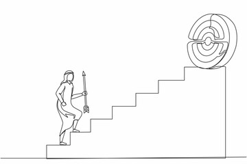 Poster - Single one line drawing Arab businessman holding arrow running up stairway to high target. Business concept growth and path to success. Career path. Continuous line design graphic vector illustration