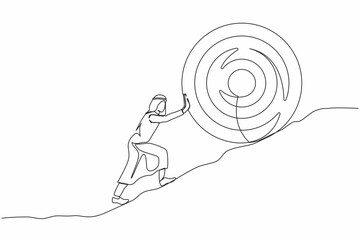 Poster - Continuous one line drawing Arabian businessman push up big target to mountain. Salary man pushing giant target upwards so very difficult. Goal too big can be difficult. Single line draw design vector