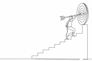 Poster - Single continuous line drawing Arabic businessman with arrow is running towards his goal, path to achieving goal is high, through stairs, steps of achievement. One line draw design vector illustration