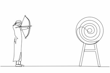 Poster - Single one line drawing Arab businessman trying to shoot target with blindfold. Trying to achieve goal without vision. Blindfold man holding bow arrow looking for target. Continuous line design vector