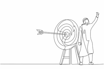 Poster - Single one line drawing Arabian businessman fist pump his arrow directed into the target. Target goal, focus and progress. Business archery, arrow hit focus. Continuous line draw design graphic vector