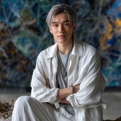 Poster - A young man in a white shirt and pants sits in front of a blue