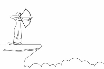 Poster - Single one line drawing Arabian businesswoman standing on cliff with archer in hand. Business target goal. Woman focus to successful. Shooting target with bow arrow. Continuous line draw design vector